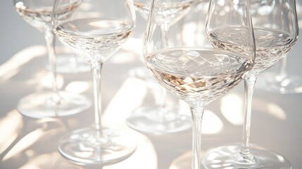 Elegant crystal wine glasses, showcasing intricate diamond patterns, reflecting light, on a white surface.