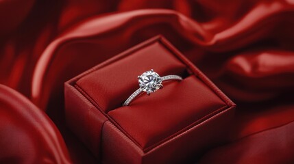Diamond ring in red box on silk.