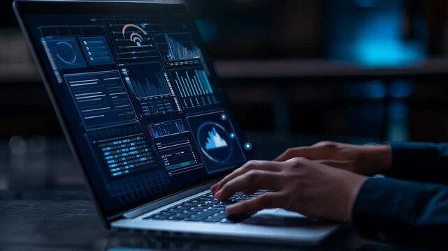 Hands typing on a laptop keyboard displaying code and data analysis on the screen. Nighttime workspace concept. Modern technology and programming 