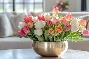 Modern living room decor with a low tulip and ranunculus arrangement