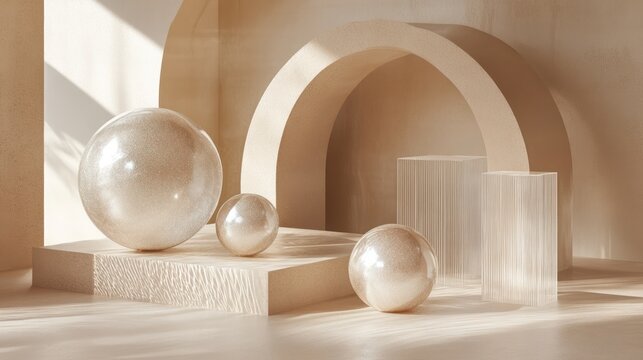Pearl spheres on beige platform with arches.