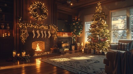 Cozy Christmas living room with fireplace, decorated tree, and stockings.