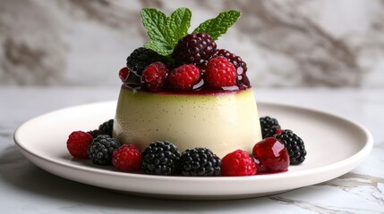 Matcha panna cotta with fresh berries and mint leaves