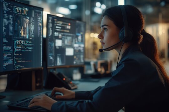 A beautiful girl is an employee of an IT company at a computer. Woman computer software developer, data analysis,