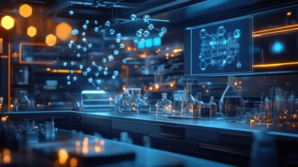 Futuristic laboratory interior with molecular structures displayed on a screen and floating in the air.