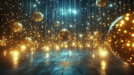 Glowing spheres and lights falling on dark floor.