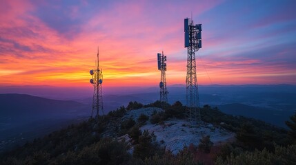 Telecommunication towers at sunset on mountaintop.
