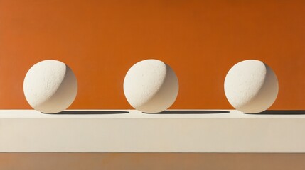 Three spheres on a platform, against an orange backdrop, showcasing light and shadow effects.