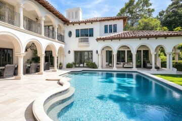 Large pool with a white house in the background