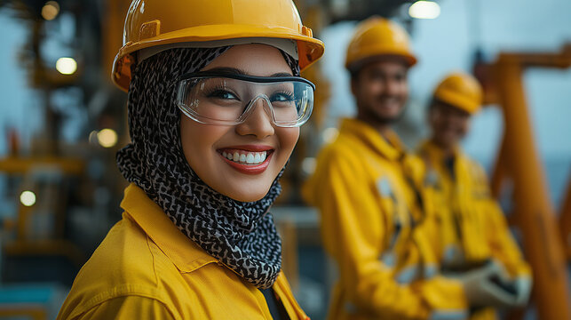 Femme malaisienne en hijab, heureuse et &eacute;nergique au chantier p&eacute;trolier