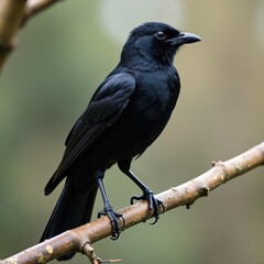 Fototapeta premium Black bird perched on branch with fluffy feathers spread out, nature, bird