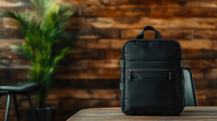 A sleek black backpack is placed on a wooden table, creating a striking contrast that enhances its modern design and functional appeal in a contemporary environment.