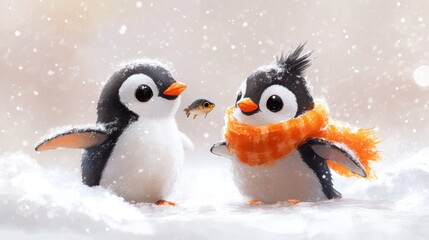Fototapeta premium Two cute penguins in a snowy landscape, one holding a fish, conveying a playful scene.