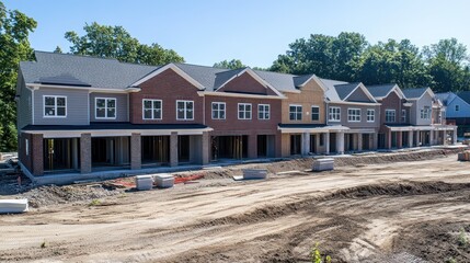Row of multi-colored townhouses under construction, with exposed foundations and landscaping.