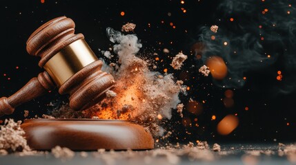 An artistic depiction of a gavel striking, surrounded by clouds of smoke and dust, evoking themes of justice, power, and decisive action in a court setting.