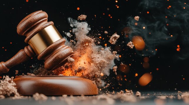 An artistic depiction of a gavel striking, surrounded by clouds of smoke and dust, evoking themes of justice, power, and decisive action in a court setting.