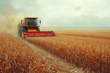 Fototapeta premium A large combine harvester moves through a cornfield, collecting ripe crops under cloudy skies. Generative AI