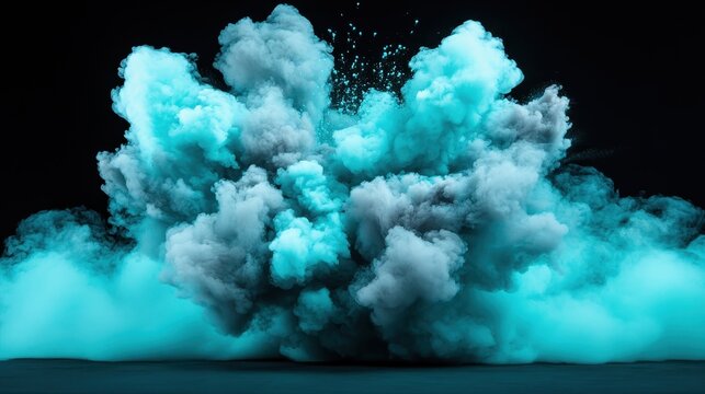 An impressive explosion of blue smoke creates a striking cloud against a stark black background, evoking feelings of power and artistic expression in beauty.