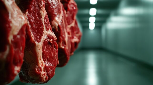 This image features hanging fresh cuts of meat in a coolroom, emphasizing the freshness and quality of the meat available for sale, ideal for culinary imagery.