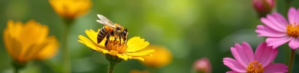 Beautiful bee surrounded by blooming flowers and greenery, bees,  flowers,  garden