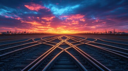 Dramatic sunset over railway intersection.