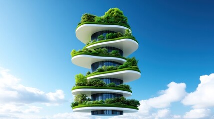 Futuristic building with greenery and spiral design against blue sky.