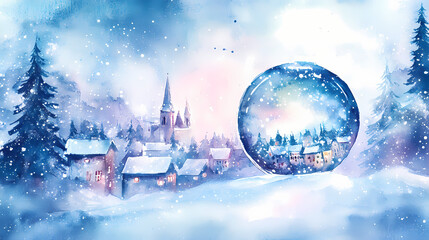The snow-covered village scene is wrapped in a crystalline ball like looking into a wintry dream world, watercolor drawing color painting design. Crystaline. Illustration