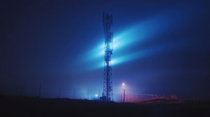 Illuminated communication tower at night in fog.
