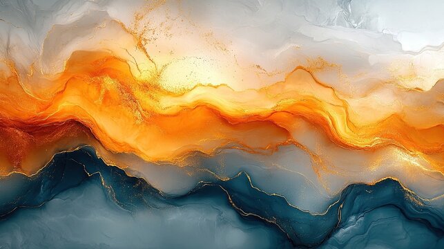 an abstract painting of gold and orange marble background, in the style of fluid and flowing lines, dark white and light cyan, light white and light black