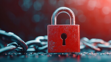 A close-up of a red padlock secured with a chain rests on a glossy surface, capturing themes of security and protection amidst an atmospheric backdrop.