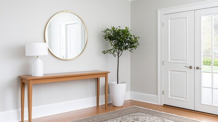 Modern entryway featuring a mirror, plant, and console table.