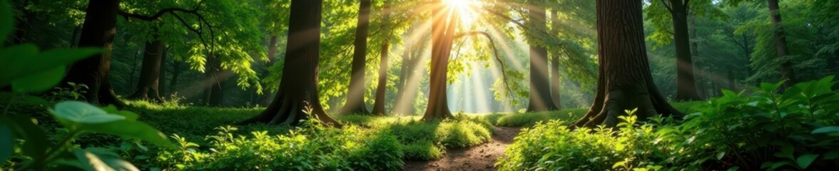 Obraz premium Sunlight filters through the dense foliage of a tall tree, casting dappled shadows on the forest floor , foliage, forest, sunlight