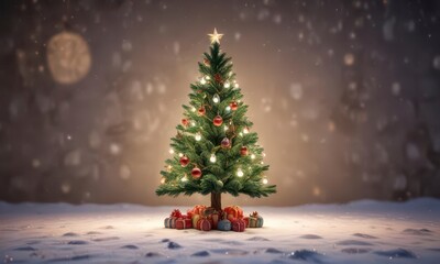 Obraz premium Christmas tree with lights and ornaments against a snowy background, festive colors, mistletoe, greenery