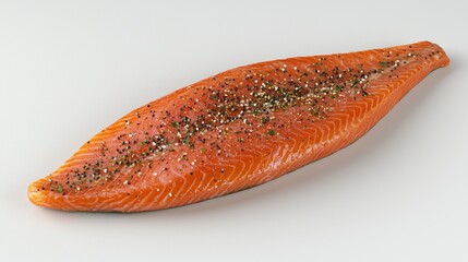 Fresh salmon fillet seasoned with spices ready for grilling or baking in a kitchen setting