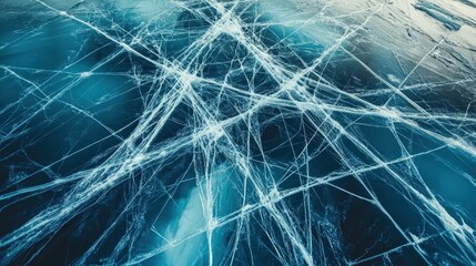 Detailed view of ice surface rapidly cracking, fissures spreading in web-like patterns, abstract art