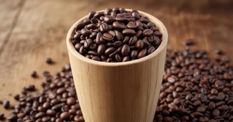 Fototapeta premium Close-up of wooden cup filled with coffee beans and topped with a lid , coffee, wooden, beans