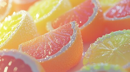 Colorful citrus candy slices arranged artfully under soft light for a vibrant display