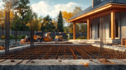 Foundation of a new house under construction, with reinforcing steel mesh in place.