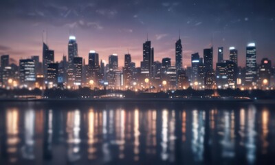 Obraz premium Cityscape at dusk with abstract circular bokeh lights on a blue background, night scene, blue sky,