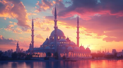 Obraz premium Majestic mosque at sunset, reflecting in calm water.