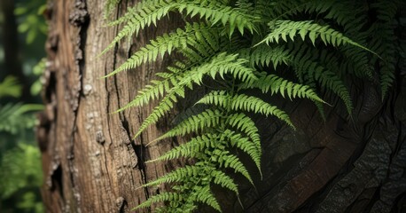 Naklejka premium Close-up of a fern's delicate fronds and textured leaves on a tree trunk, nature photography, leaf pattern, organic elements