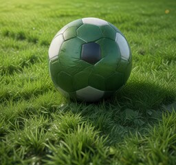 Fototapeta premium Closeup of soccer ball on lush green grass with subtle texture and reflections, green grass, texture, outdoor sports
