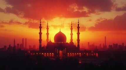 Fototapeta premium Majestic mosque silhouette at sunset over city skyline.