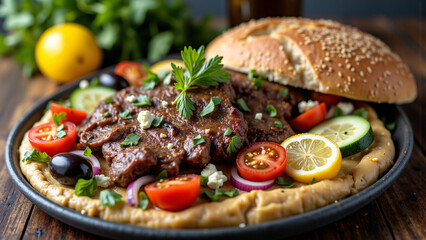 mediterranean diet flavors: whole grain bread, roasted lamb, hummus, tomatoes, cucumbers, red onions, feta cheese, olives, and lemon for a healthy and flavorful dining experience