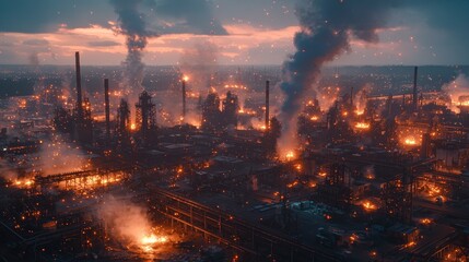 Fototapeta premium Industrial site engulfed in flames during twilight with smoke rising from structures