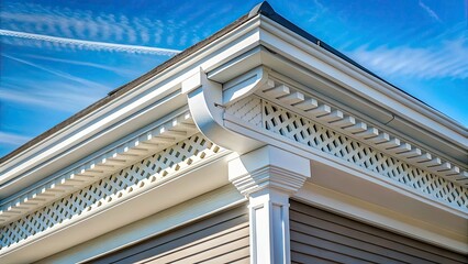 Obraz premium Aerial drone photography showcases luxury home exteriors, highlighting pristine gutter guards, trim, and soffits.