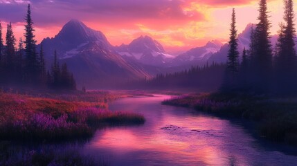 Serene mountain river valley at vibrant sunset. Lush foliage, misty atmosphere, and snow-capped peaks.