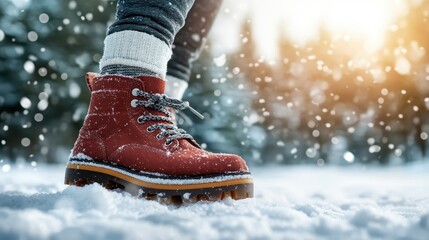 Bright red winter boots contrast beautifully against the snow, demonstrating a mix of style and functionality, perfect for winter escapades in nature's beauty.