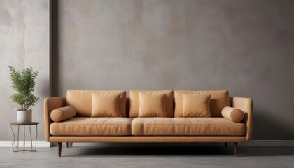 Cozy retro sofa in warm beige on grey empty wall ,  living room,  grey,  beige