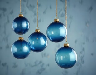 Decorative glass bauble ornaments in shades of blue and gold suspended from twine hang against a soft blue background ,  hanging,  ornament,  holiday